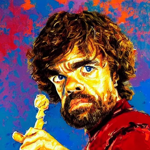 Prompt: peter dinklage by leroy neiman, intricate, ultra detailed painting, atmospheric lighting, golden hour