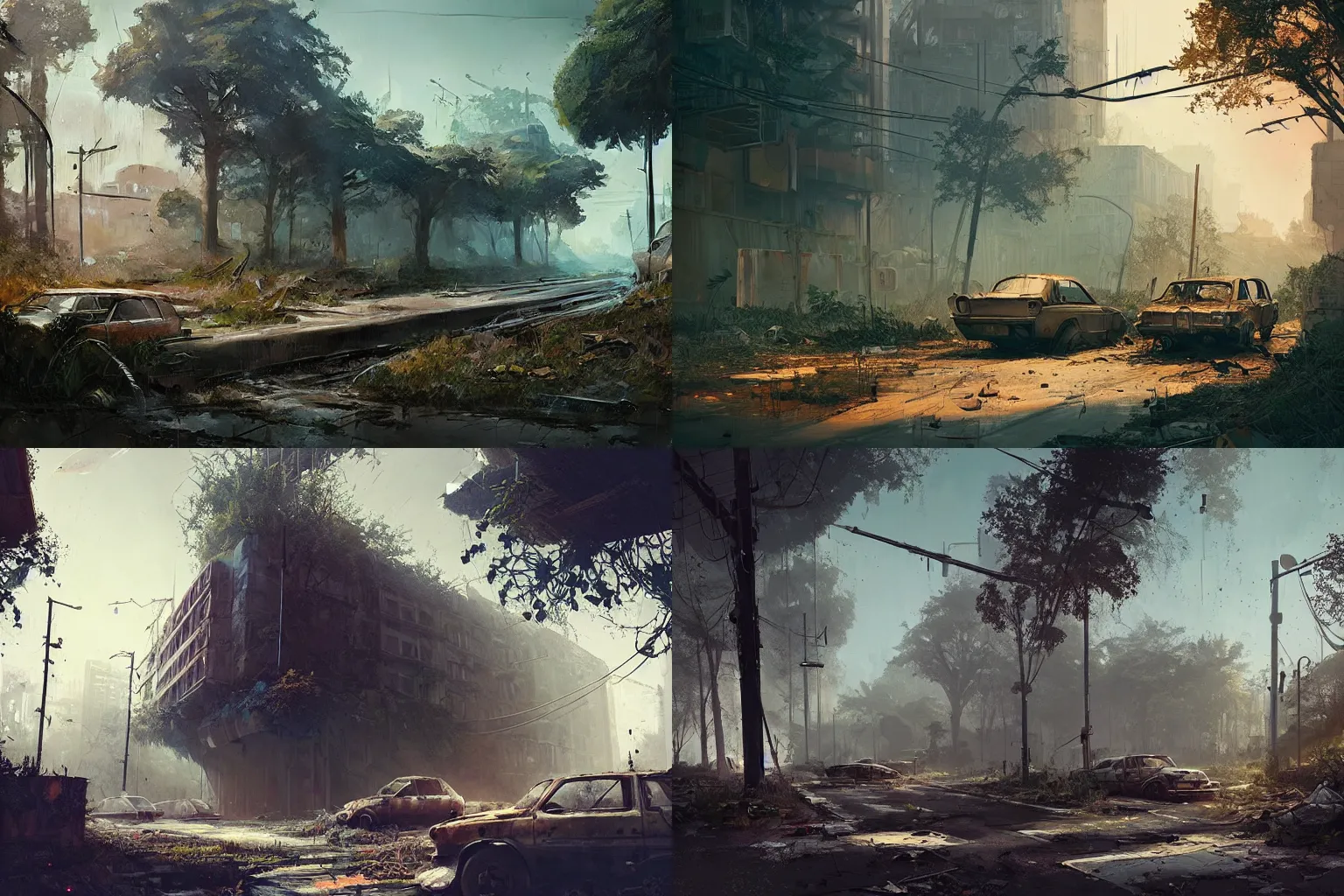 Prompt: concept art of an abandoned ruined big city street overgrown with nature by filip hodas and ismail inceoglu, hyper realistic, unreal engine, atmospheric, detailed, matte, godrays, rusty vehicles