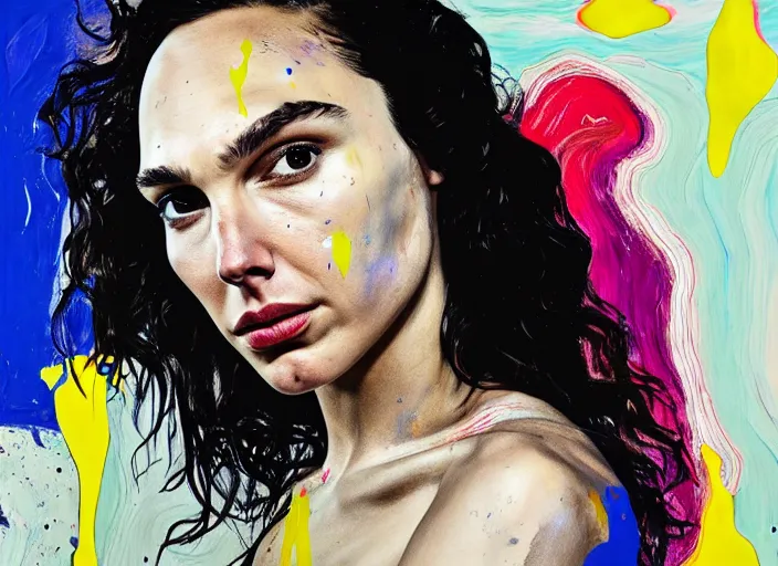 Image similar to portrait of gal gadot in fear, by vincent lefevre and hernan bas and pat steir and hilma af klint, psychological, photorealistic, dripping paint, washy brush, rendered in octane, altermodern, masterpiece