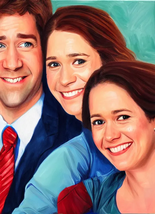 Prompt: portrait painting of jim halpert and pam beesly, happy couple, in the style of procter dod