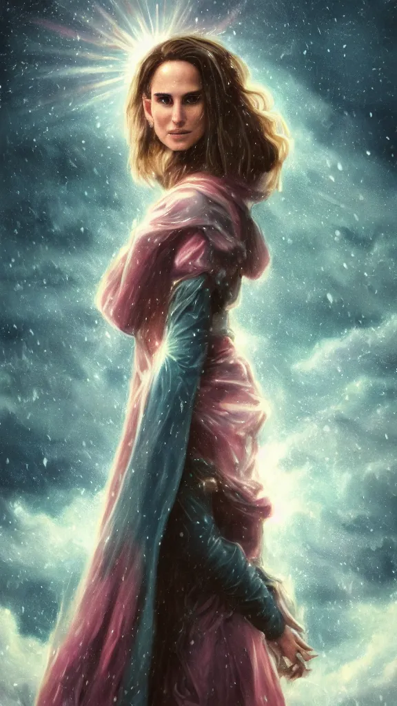 Image similar to wizard, argentina, natalie portman, hudson river school, max rive, full plate armor, f 1 6, bokeh, gentle, female, snowy mountain, storm clouds, god rays, close up portrait, d & d, fantasy, elegant, teal pink white gold color palette, concept art, roger deakins and greg rutkowski and alphonse mucha