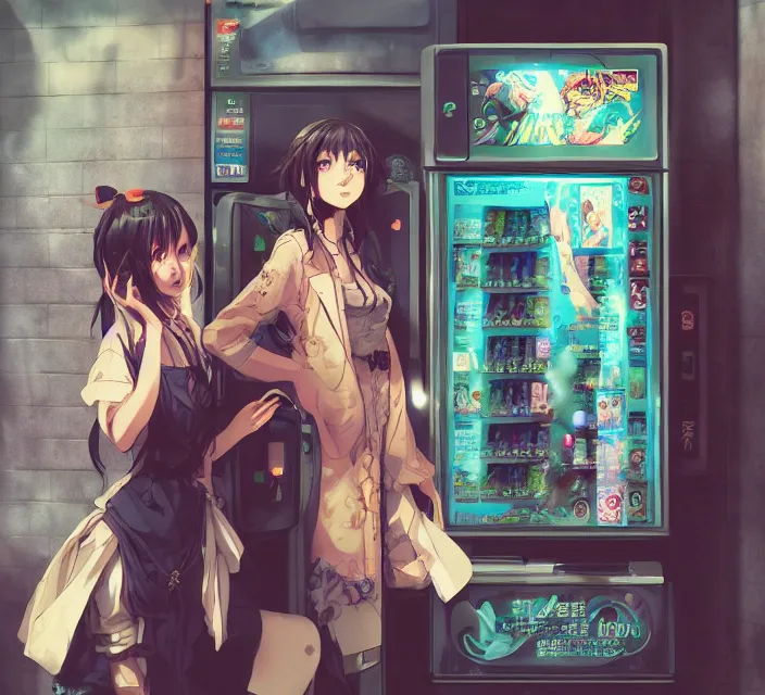 Image similar to Two beautiful anime women, standing in front of a vending machine outside of a Japanese convenience store, in a narrow Tokyo alleyway, gorgeous sunlight and shadows, D&D, fantasy, highly detailed, digital painting, artstation, concept art, sharp focus, illustration, in style of GUWEIZ and WLOP and NIXEU and Craig Mullins