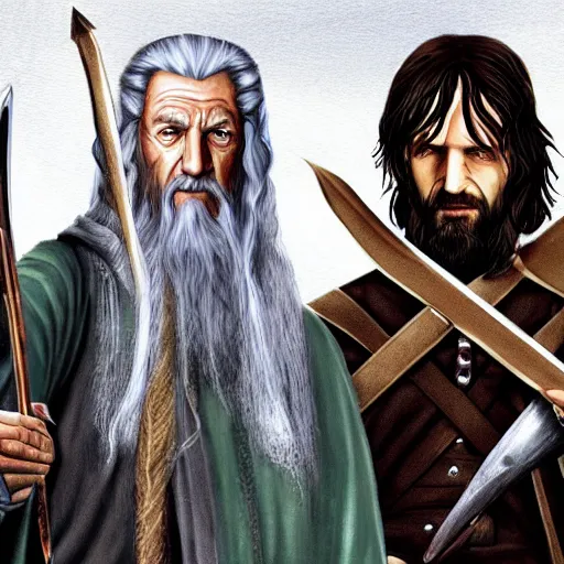 Prompt: gandalf, aragorn, legolas and gimli gta cover style