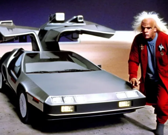 Image similar to doc brown and the delorean in a scene from star trek, the original series