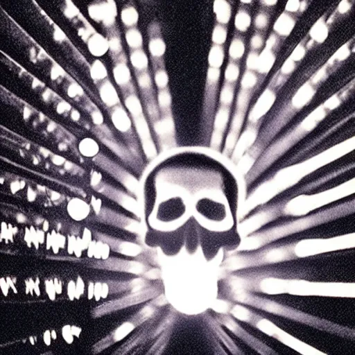 Image similar to a low poly disco skull full of long spikes, reflecting light in a nightclub, grainy film photograph