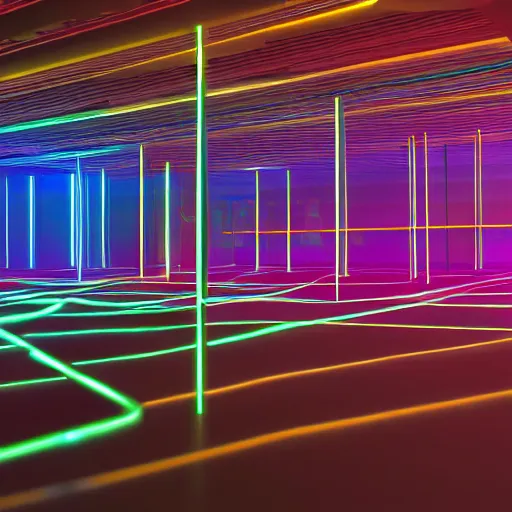 Prompt: glowing blue cables floating in a large dark room with skinny pillars made of glass. people wearing neon red jackets dancing around the pillars. volumetric lighting, 3 d render, digital art, 4 k,