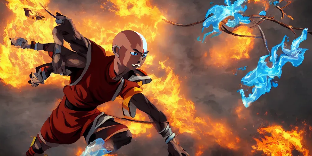 Image similar to Avatar Aang destroying the whole world. Highly detailed, artstation, dramatic.
