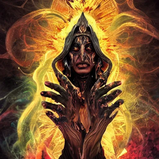 Image similar to powerful undead warlock crowned, expressive movement of hands casting a magic spell, otherworldly color palette, subtle layers veins, arcane rune symbols, ultra fine detail, Artstation trending, hyper realism, raytracing, highly detailed and intricate, golden ratio, dark gradient ink with intricate designs, hypermaximalist, elite, horror, ominous, haunting, majestic, ephemeral, epic mythology, cinematic, cgsociety, in the style of Midjourney, H.R. Giger, Zdzisław Beksiński and Douglas Barlowe, 8k