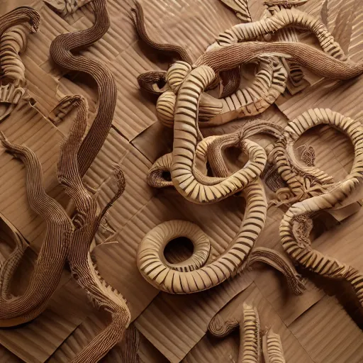 Image similar to tentacles made of brown corrugated cardboard, cut out of cardboard, realistic photography, fantasy