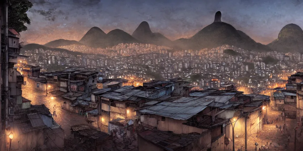 Prompt: slums in rio, favela at night, rio de janeiro, wangchen-cg, 王琛, Neil blevins, Denis Sarazhin, matte painting, greg rutkowski, thomas kinkade, Artoast8P, Trending on artstation. 4k symmetrical features, ominous, magical realism, texture, intricate, ornate, royally decorated, house frame, nails, whirling smoke, embers, red adornements, red torn fabric, neon lights, urban street, trending on artstation, volumetric lighting, micro details, 3d sculpture, ray tracing, 8k