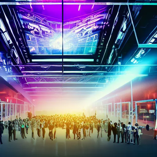 Image similar to large group people in open warehouse, looking at hologram of futuristic city on a table, cinematic still, godrays, golden hour, natural sunlight, 4 k, clear details, tabletop model buildings, tabletop model, ethereal hologram center, crane shot, crane shot, crane shot