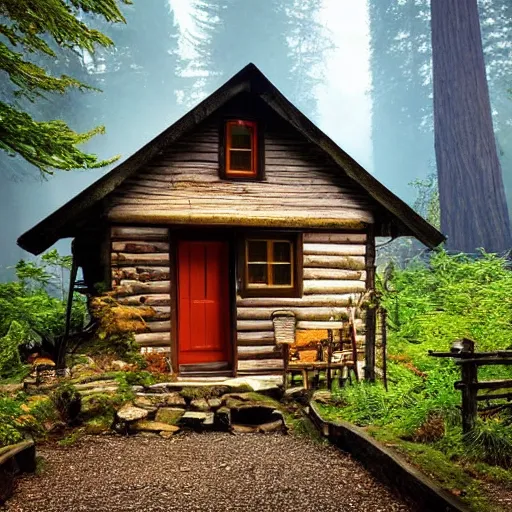 Prompt: small wooden cottage in the forest at night, smoke coming out of the chimney, night, dark, nocturnal, redwood trees, peaceful, river running past the cottage, a wooden rowing boat, galaxy in the night sky, by stephen king