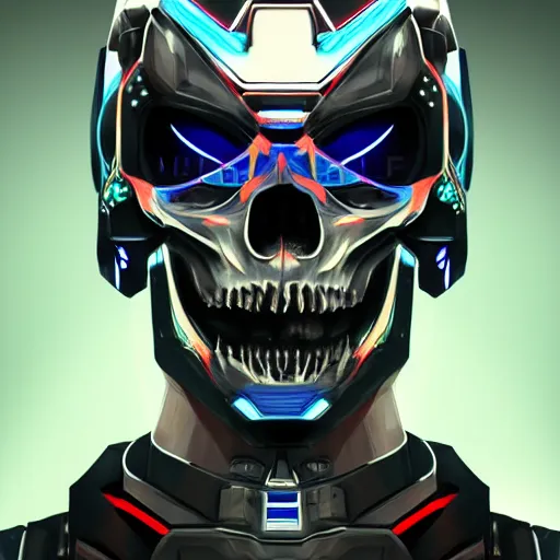 Prompt: full front face centered hyperdetailed portrait of a mecha skull ronin, 8k, digital painting, futuristic, black neon lights, trending on CG society