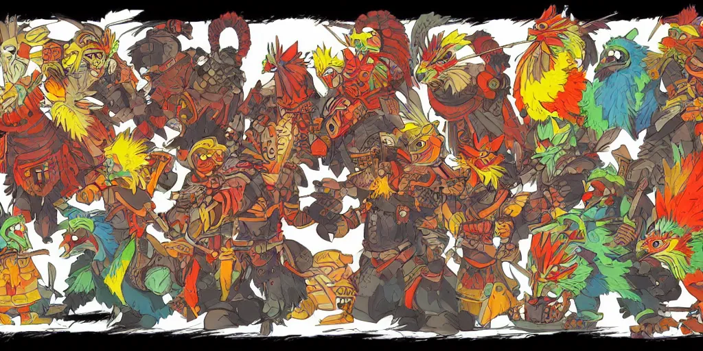 Prompt: colorful illustration of armoured warrior roosters, mix of styles, angry, aggressive, ominous, studio ghibli color scheme