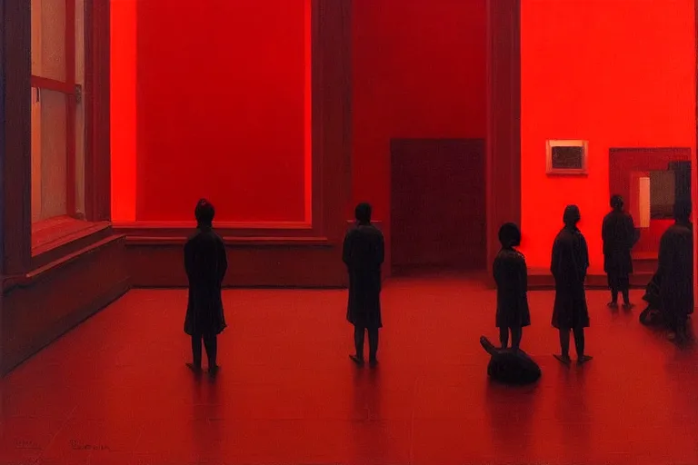 Image similar to only with red, crowd delirious at the sight of a painting, in a city square, in the style of beksinski, parts by edward hopper, parts by rodcenko, parts by yue minjun, intricate and epic composition, red by caravaggio, insanely quality, highly detailed, masterpiece, red light, artstation, 4 k