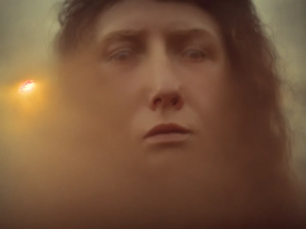 Prompt: close up portrait bust of woman, solemn expression, faded color film, russian cinema, tarkovsky, kodachrome, heavy forest, wood cabin in distance, deep depth of field, long brown hair, old clothing, heavy fog, atmospheric haze, brown color palette, sunset, low light, hudson river school, 4 k, dramatic lighting