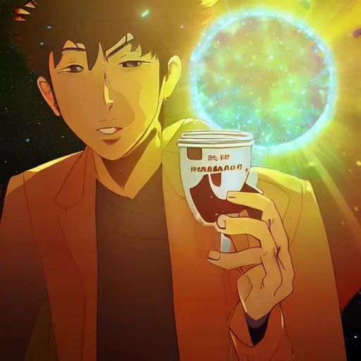 Image similar to A man drinking a cup of cosmic energy bright light by Masafumi Harada, 4k, digital art, surreal, anime style, space dandy style, highly detailed, godsend, artstation