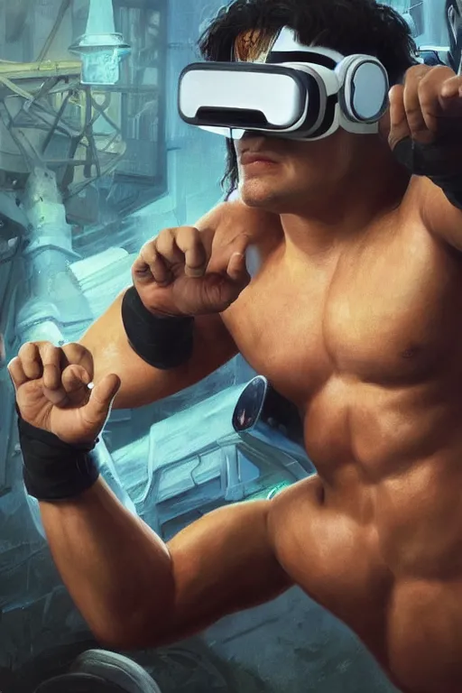 Image similar to painting of a wrestler character wearing vr goggles, shrugging arms, shrug, shrug life, ultra realistic, sharp details, subsurface scattering, intricate details, warm lighting, highly detailed, photorealistic, octane render, 8 k, unreal engine, art by artgerm and greg rutkowski and alphonse mucha