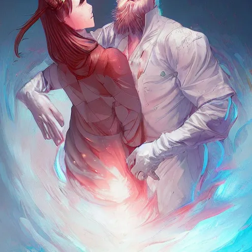 Prompt: god hugs satan anno sakimichan stanley artgerm lau rossdraws james jean marc simonetti elegant highly detailed digital painting artstation