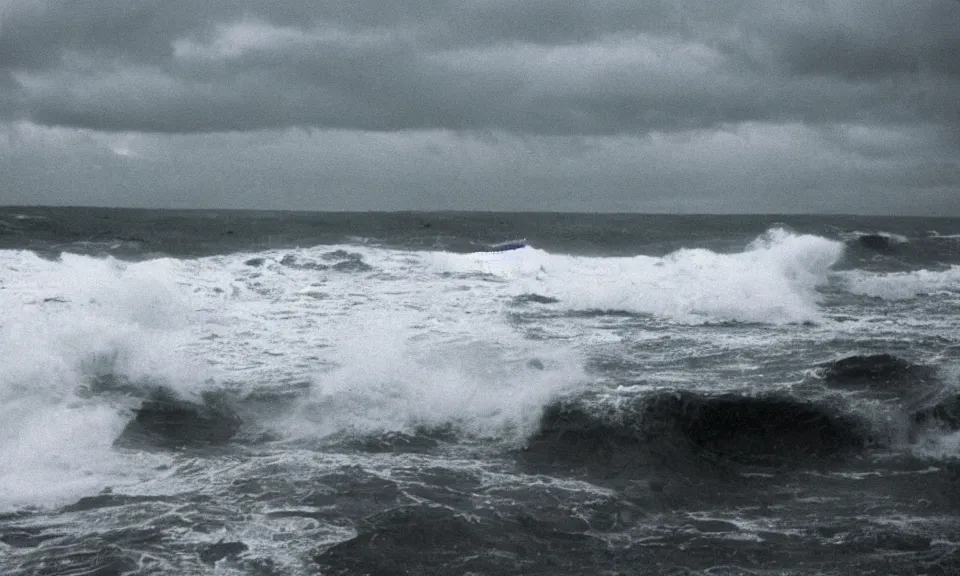 Image similar to 3 5 mm film still, stormy ocean atlantis city