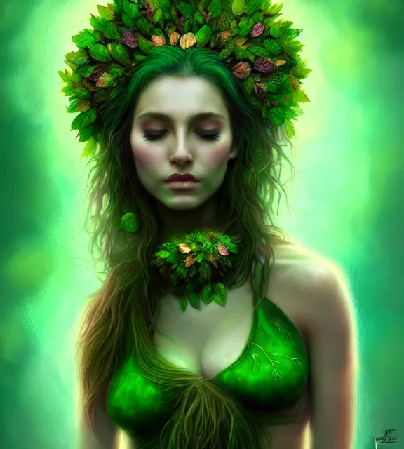 Prompt: beautiful female druid wearing green leaf halter top transforming into a tree, perfect face, dark green leaf hair, with abs, cinematic, blush, stunning, elegant, highly detailed, psychedelic, digital painting, artstation, smooth, hard focus, illustration, art by jessica rossier and and brian froud