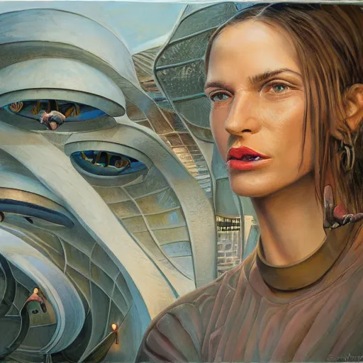 Image similar to detailed face of a woman with opalescent eyes in a biomorphic courtyard with dna sculptures at a science expo, atmospheric, ambient, pj crook, syd mead, livia prima, artgerm, greg rutkowski, nick alm, casey baugh