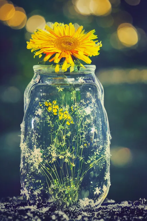 Prompt: close up of a glass jar with a bright summer flowery field inside, summer in the year winter outside, burried in snow at night, bokeh, intricate detail, highly detailed, hyperrealistic, dramatic lighting, glowing, cgsociety, sense of awe, mystical, 8 k, beautiful digital art