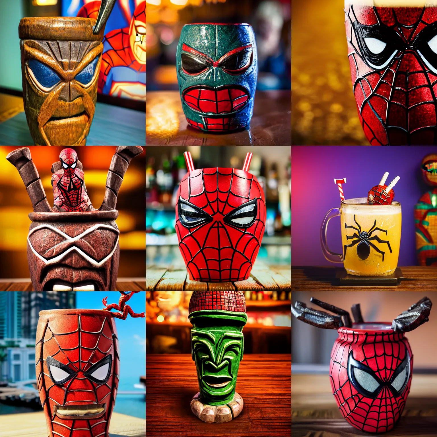 Prompt: a closeup photorealistic capture of spider man style tiki mug on a trader vic's bar featuring the face of spider man. tiki theme. bright scene. fine detail. this 4 k hd image is trending on artstation, featured on behance, well - rendered, extra crisp, features intricate detail, epic composition and the style of unreal engine.