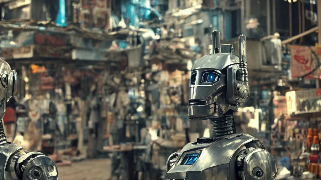 Image similar to film still from the movie chappie of the robot chappie shiny metal outdoor market scene bokeh depth of field furry anthro anthropomorphic stylized cat ears head android service droid robot machine fursona