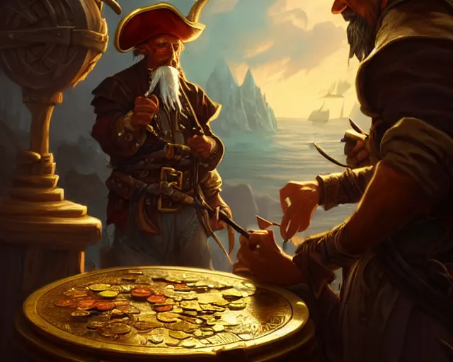 Image similar to old pirate looking carefully at a gold coin, deep focus, d & d, fantasy, intricate, elegant, highly detailed, digital painting, artstation, concept art, matte, sharp focus, illustration, hearthstone, art by artgerm and greg rutkowski and alphonse mucha