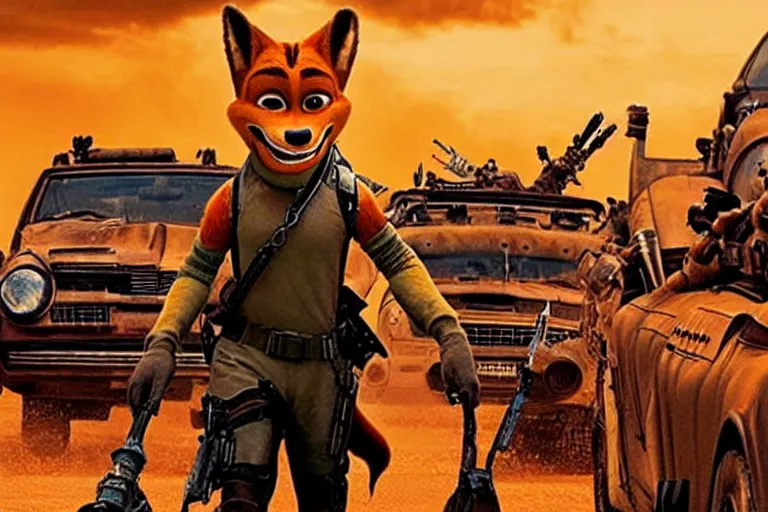 Image similar to nick wilde, heavily armed and armored facing down armageddon in a dark and gritty reboot from the makers of mad max : fury road