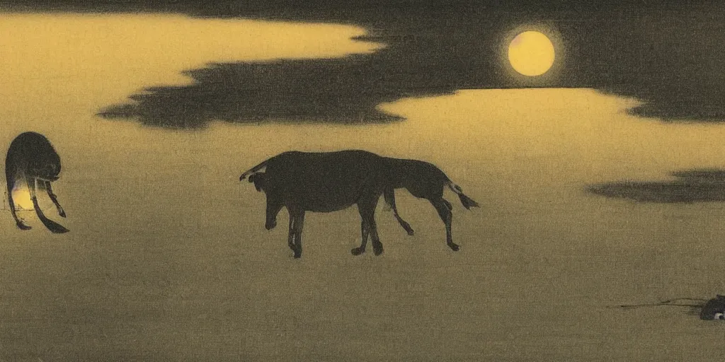 Image similar to savannah at night by ohara koson, 1 9 1 0