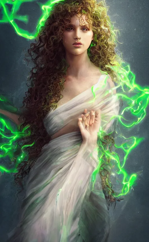 Image similar to a young woman with wild, curly hair and bright green eyes. she's wearing a flowing dress made of light, airy fabric and she has a mischievous look on her face, dynamic lighting, photorealistic fantasy concept art, trending on art station, stunning visuals, creative, cinematic, ultra detailed