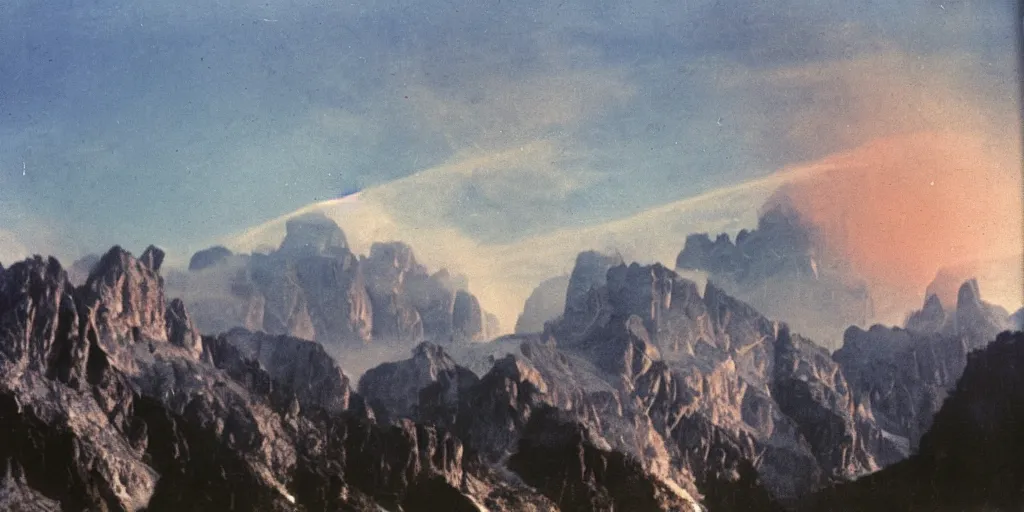 Prompt: 1 9 2 0 s color spirit photography 9 1 1 1 2 1 of alpine sunrise in the dolomites, smoke from mountains, by william hope, beautiful, dreamy, grainy