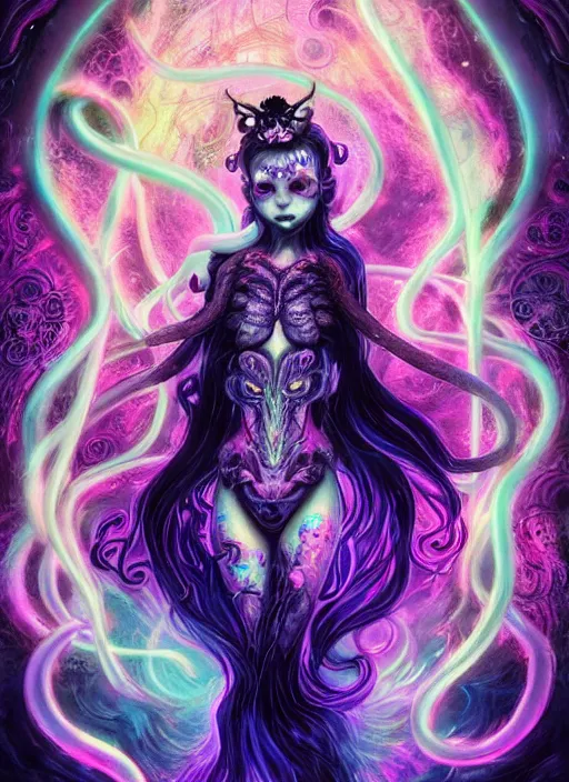 Image similar to A full shot of a dark fairy from the Abyss covered in opal. Symmetrical. Underwater. Lit from above. Dark foreboding Atmosphere. Sailor Moon. Tentacles. Kawaii. Neon glow. By Lisa Frank and HR Giger and Ross Tran. Key Art. Fantasy Illustration. award winning, Artstation, intricate details, realistic, Hyperdetailed, 8k resolution. Photoreal. Octane Render.