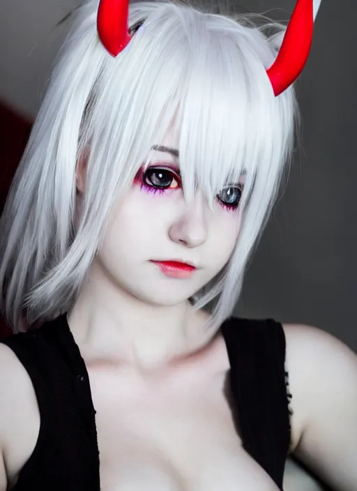 Image similar to white haired anime girl with horns, red eyes, cute