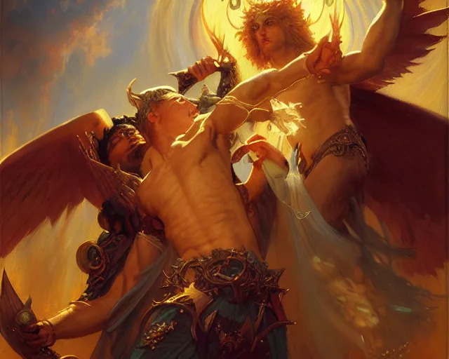 Image similar to attractive pagan male deity, casting chaos magic, summoning handsome lucifer morning star. highly detailed painting by gaston bussiere, craig mullins, j. c. leyendecker 8 k