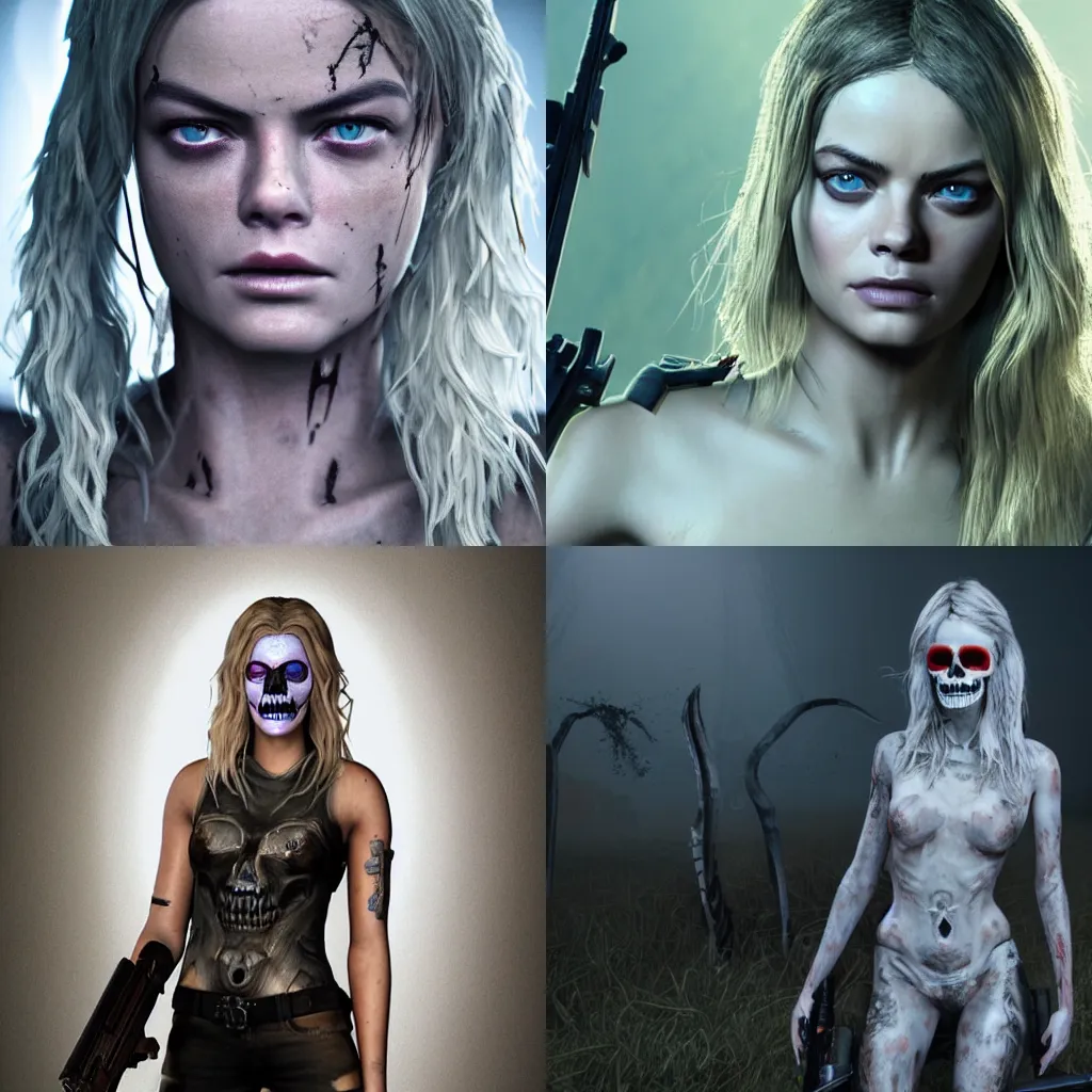 Image similar to octane, Unreal engine, Samara Weaving with skull paint, full body, holding a shotgun