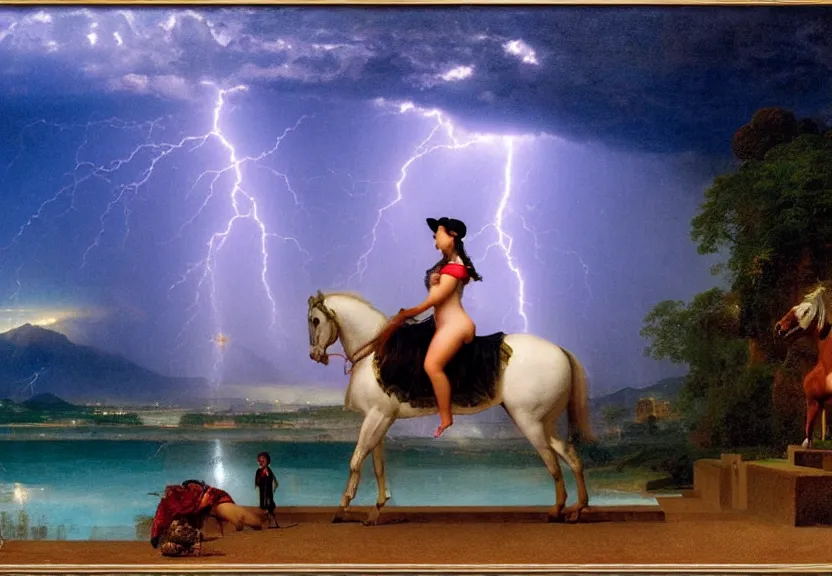 Image similar to Girl riding the horse on the palace bridge, refracted sparkles, thunderstorm, greek pool, beach and Tropical vegetation on the background major arcana sky, by paul delaroche, hyperrealistic 4k uhd, award-winning, very very very detailed