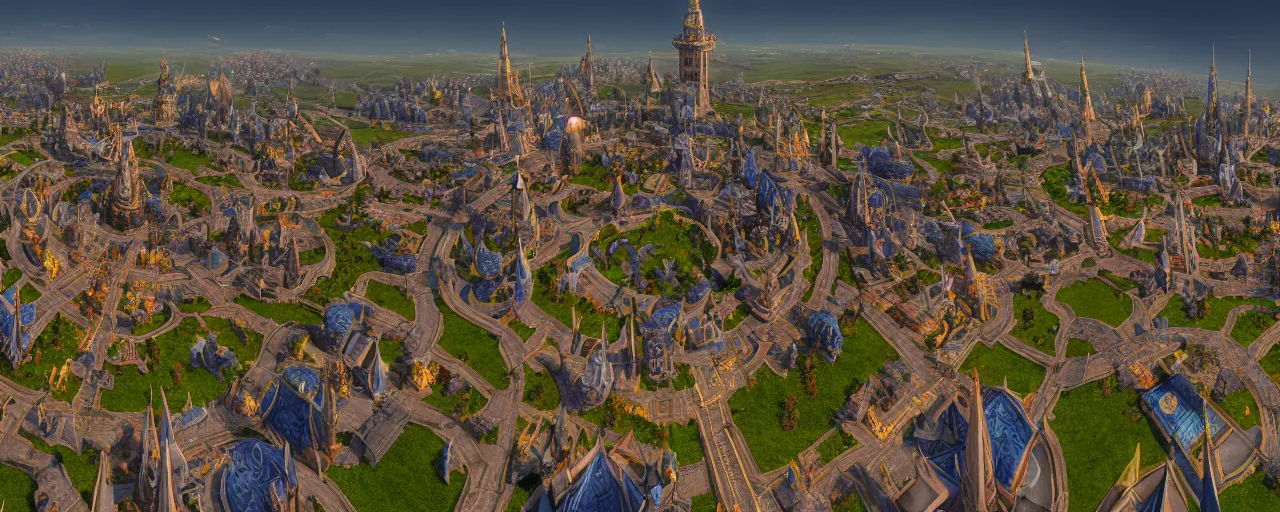 Image similar to Aerial view of Stormwind City, panorama, octane render, 8k resolution