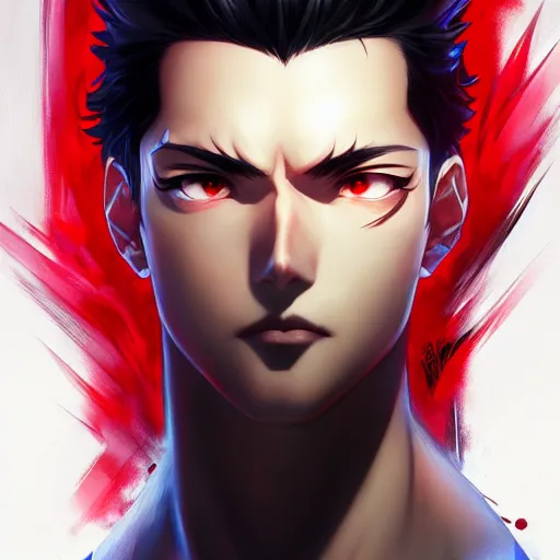 Image similar to anime portrait of a slick black hair guy with red eyes by stanley artgerm lau, wlop, rossdraws, james jean, andrei riabovitchev, marc simonetti, and sakimichan, trending on artstation