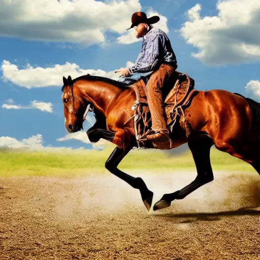 Prompt: photo realistic cowboy doing a crazy trick while riding a horse