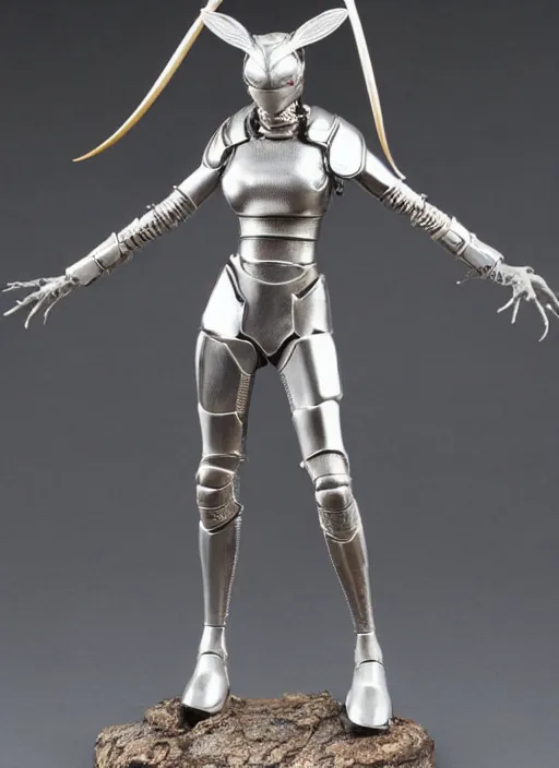 Image similar to 80mm, resin detailed model figure of a female wearing a silver mantis armor