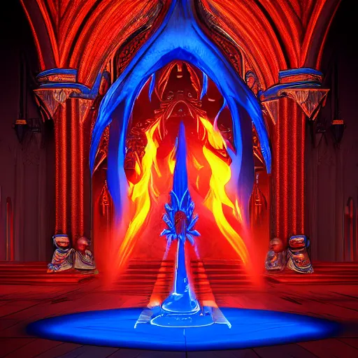 Image similar to A blazing and bright blue flame is worshipped at the center of a gothic temple by hooded cultists dressed in red at night; dark fantasy; trending on artstation