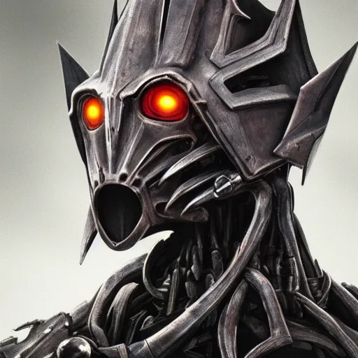 Prompt: head and shoulder image of ultron witch king of angmar wears a terrifying mask covering his mouth his eyes glow reflecting on his glass helmet his armor is glossy black with subtle micro scratches emissive beautfiul artstation portfolio trending initmidating steam Ryan Church concept mist angry cyberpunk 2077 mecha android hardsurface modeling sub div nazgul emissive eyes complex detailed face intricate ring wraith exposed wiring respirator exposed wiring circuitry skeletal blade runner 2049 kanji samurai emissive glowing lights