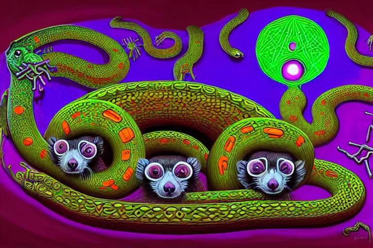 Image similar to a detailed digital art painting of a cell shaded cyberpunk ornate magick oni aztec ferret with occult futuristic effigy of a beautiful field of mushrooms that is a adorable lemur atomic latent snakes in between lizard biomorphic molecular psychedelic hallucinations in the style of escher, alex grey, stephen gammell inspired by realism, symbolism, magical realism and dark fantasy, crisp