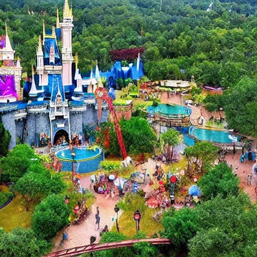 Prompt: “ beautiful disney theme park surrounded in nature ”