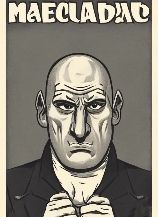 Image similar to portrait of glamorous bald medieval man with big nose and annoyed gesture,look of hate, threatening pose, 1940s propaganda poster, full hd,highly detailed