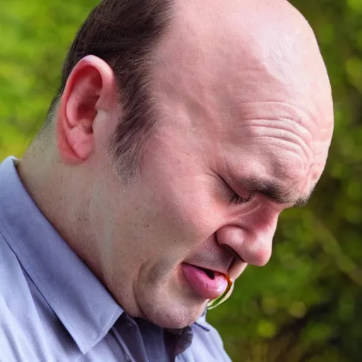 Image similar to a balding middle aged man crying