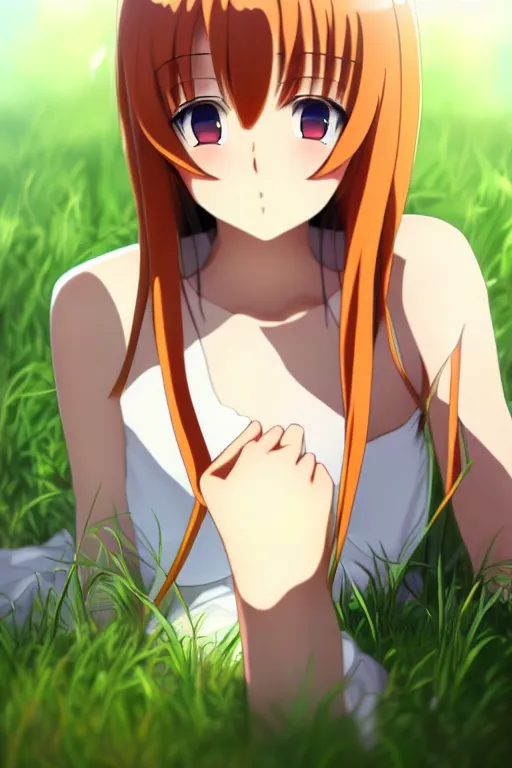 Prompt: anime art full body portrait character concept art, anime key visual of elegant young female, orange straight bangs and large eyes, finely detailed perfect face delicate features directed gaze, laying down in the grass at sunset in a valley, trending on pixiv fanbox, studio ghibli, extremely high quality artwork